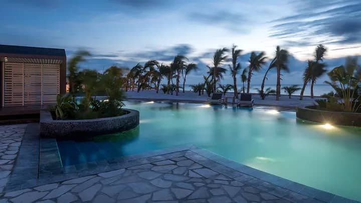 A stunning swimming pool with palm trees at Delfins Beach Resort Bonaire. A stunning swimming pool with palm trees at Delfins Beach Resort Bonaire.