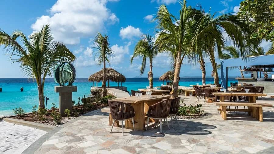 Beach lounge chairs and palm trees at Delfins Beach Resort Bonaire. Beach lounge chairs and palm trees at Delfins Beach Resort Bonaire.